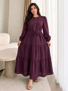 Solavon Plus Size Round Neck Long Sleeve Button Thin Strap Solid Color Dress - Burgundy - View 5