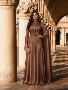 SHEIN Lady Plus Size Women Solid Color Pleated Ribbon Design Elegant Dress - Coffee Brown - View 3