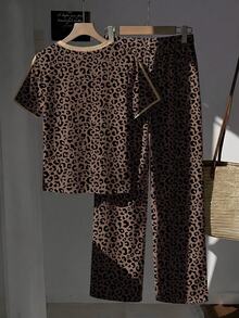 SHEIN EZwear 2pcs/Set Embroidered Round Neck Short Sleeve Top And Striped Print Pants, Casual - Multicolor - View 2