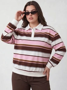 Solavibe Plus Size Colorblock White Chocolate Brown Polo Collar Long Sleeve Sweatshirt Casual Elegant Winter Fall Birthday Formal Party Homewear - Pink - View 8