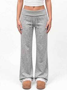 SHEIN Teen Girl Teen Girls Knit Grey Waistband Folded Casual Drawstring Long Pants - Grey - View 3