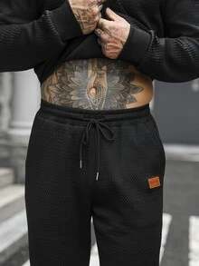 Manfinity Homme 新款男士半拉鍊立領休閒套裝，米色與黑色拼接設計，3D紋理提花面料，寬鬆版型衛衣搭配錐形長褲，適合通勤日常運動，年輕與中年男士穿著的2件式套頭衛衣套裝 - 黑色 - 查看 7