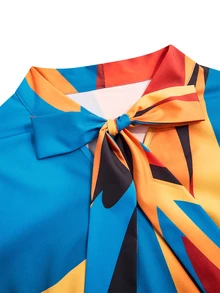 Poshavie Poshavie Setelan 2 Potong untuk Wanita dengan Blus Motif Blok Warna dan Celana Panjang Lebar - Biru - View 7