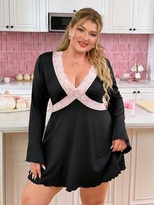Slumberry CURVE Plus Size Women Lace Patchwork Sexy Casual Home Sleep Dress - Black - View 6