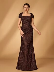 Serin Gaun Pengantin dan Ibu Warna Kopi Elegan Mewah Bahu Terbuka Pas Badan dengan Kelim Mermaid Cocok untuk Semua Acara Formal - Coffee Brown - View 3