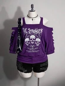 SHEIN ICON 女款大尺碼破洞口號骷髏印花紫色露肩T恤 - 紫色 - 查看 1
