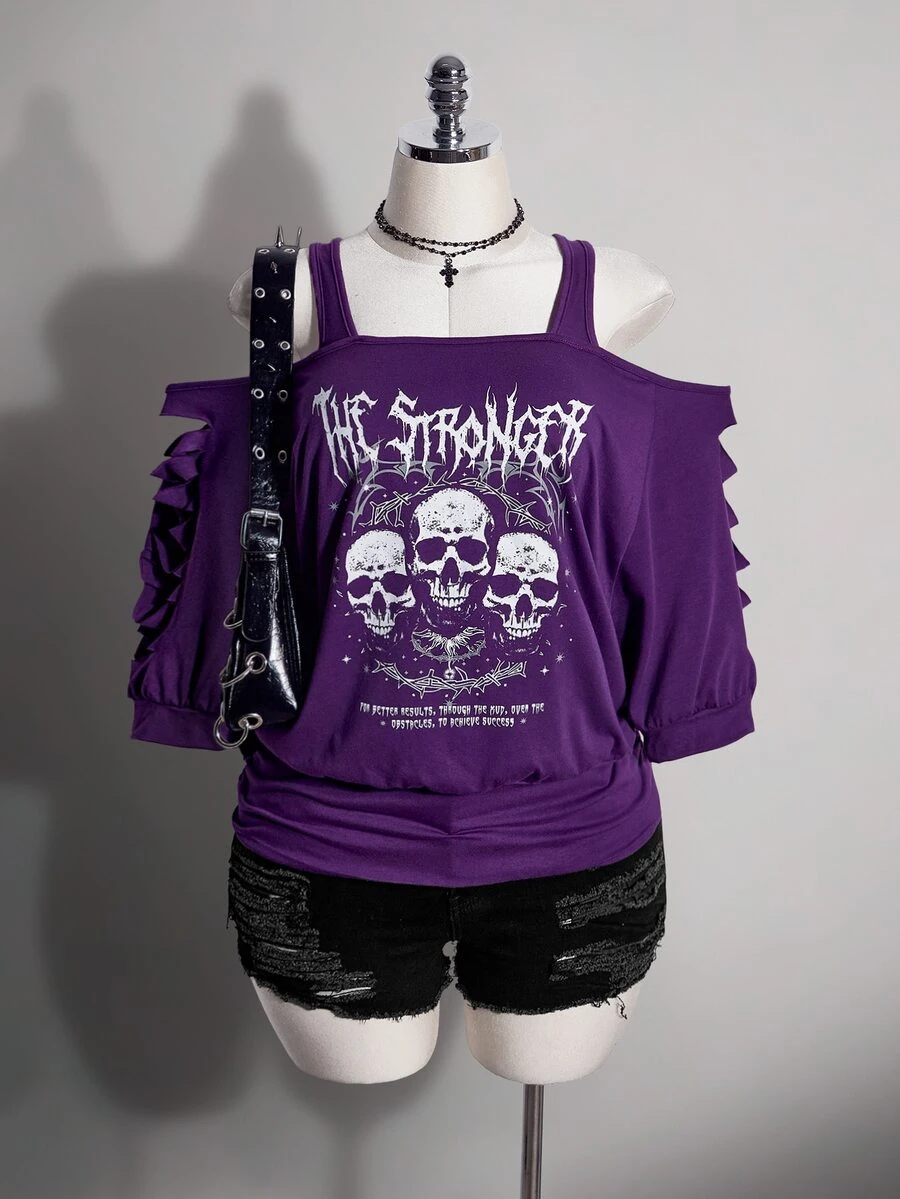SHEIN ICON 女款大尺碼破洞口號骷髏印花紫色露肩T恤 - 紫色 - 查看 1