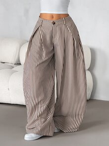 SHEIN PETITE 女款休閒通勤棕色紋理條紋寬鬆長褲，適合休閒通勤、休閒外出、日常穿著、休閒外出穿搭，實用條紋長褲，條紋寬鬆長褲 - 杏色 - 查看 7