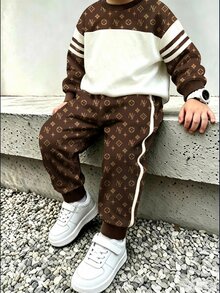 兒童嬰幼兒圓領休閒舒適套裝，加厚保暖內裡，適合秋冬穿著 - 彩色 - 查看 1