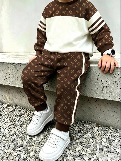 Infant Toddler Crew Neck Casual Comfortable Set, Thickened Thermal Lined, Suitable For Autumn/Winter