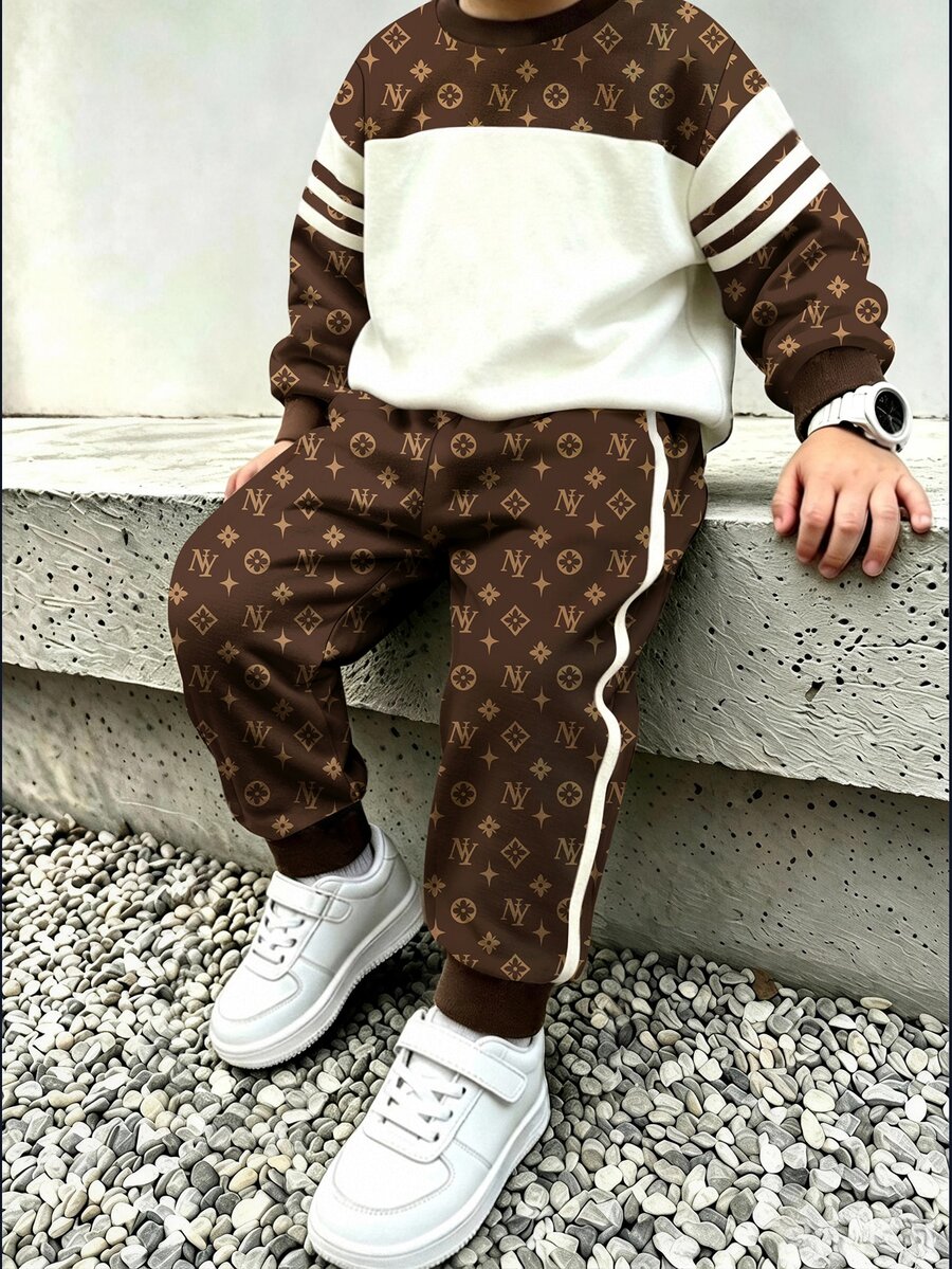 兒童嬰幼兒圓領休閒舒適套裝，加厚保暖內裡，適合秋冬穿著 - 彩色 - 查看 1