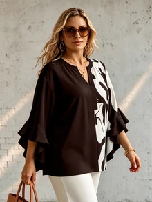 Ceyna Autumn Style Floral & Geometric Print Colorblock Patchwork Black Ruffle Trim 3/4 Sleeve V-Neck Plus Size Blouse - Coffee Brown - View 4