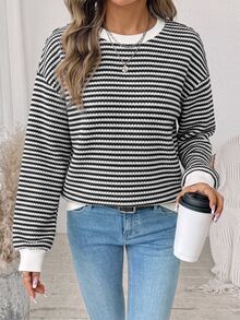 SHEIN LUNE 女款圓領條紋圖案時尚休閒長袖運動衫 - 彩色 - 查看 2