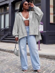 Slaydiva Plus Size Women's Hoodie, Grey Batwing Irregular Hem Plus Size Zip Up Cardigan Sweatshirt - Grey - View 7