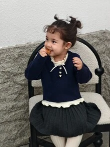 DAZY Infant/Toddler (Girl) Round Neck Contrast Color Bow Long Sleeve Autumn/Winter Sweater - Grey - View 5
