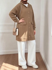 Lacomfia Women's Hooded Long Sleeve Loose Textured Jacquard Casual Versatile Autumn/Winter Plus Size Jacket - Khaki - View 6