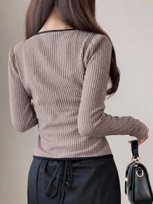 FRIFUL 女款初夏/初秋新款韓式拼接撞色羅紋收腰顯瘦長袖T恤 - 灰色 - 查看 2