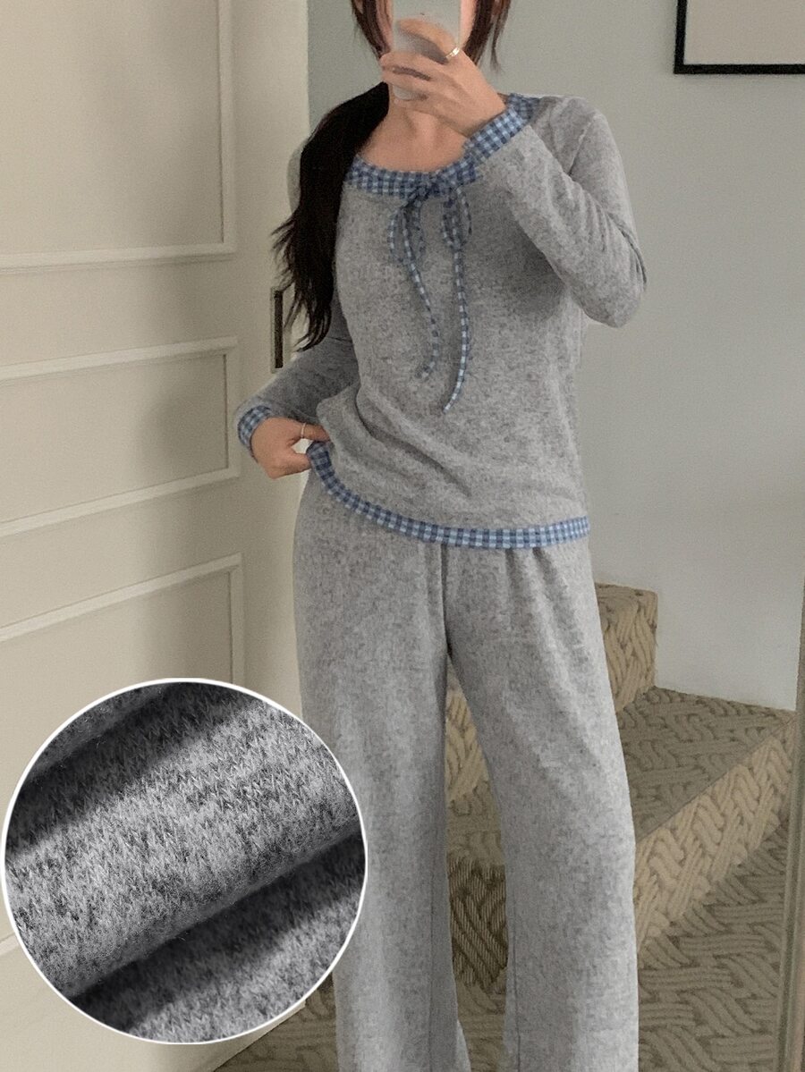 DAZY 2pcs/Set Women's Plaid Patchwork Contrast Color Long Sleeve T-Shirt & Straight Leg Long Pajama Pants Sleepwear Set - Grey - View 1
