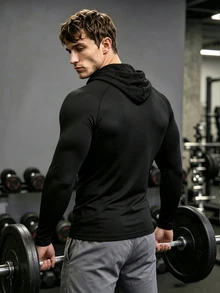 GymBeat بلوزة رياضية كاجوال مطبوعة بأكمام طويلة وغطاء رأس للرجال - الأسود - مشاهدة 2