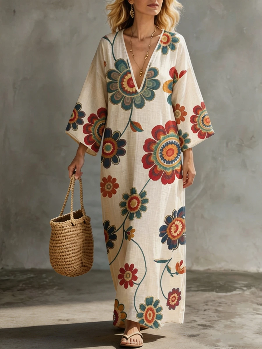 Ceyna Plus Size Deep V-Neck Symmetrical Placement Print Long Loose Drop Shoulder Dress - Multicolor - View 1