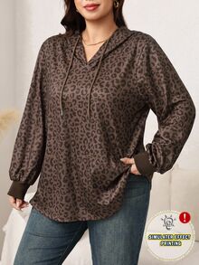 Easowa Curve Sweatshirt Wanita Ukuran Besar Motif Leopard, Lengan Panjang, Kasual, Sepanjang Musim - Coklat - View 1