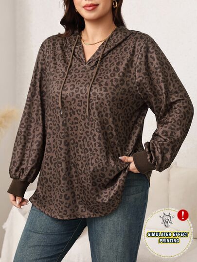 Easowa Curve Plus Size Women's Leopard Print Sweatshirt, Long Sleeve, Casual, All Season