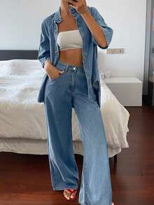 Livesso Autumn Women's Denim Set With Light Blue Washed Short Sleeve Button-Up Collar Top And Skirt - Blue - View 5