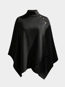 Sweetra CURVE High Neck Cape Asymmetrical Overcoat, Black, Versatile, Plus Size, Autumn/Winter - Black - View 1