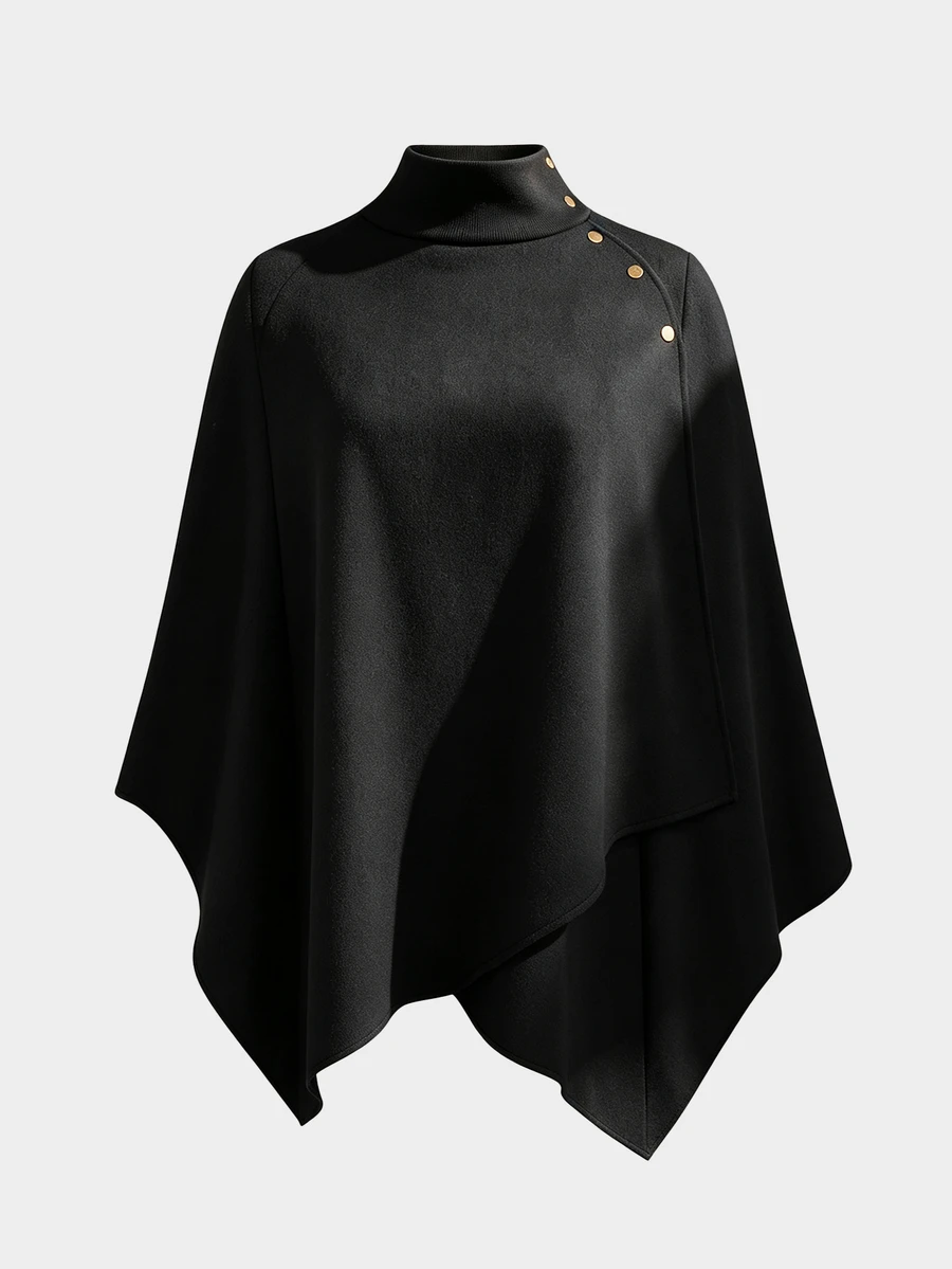 Sweetra CURVE High Neck Cape Asymmetrical Overcoat, Black, Versatile, Plus Size, Autumn/Winter - Black - View 1