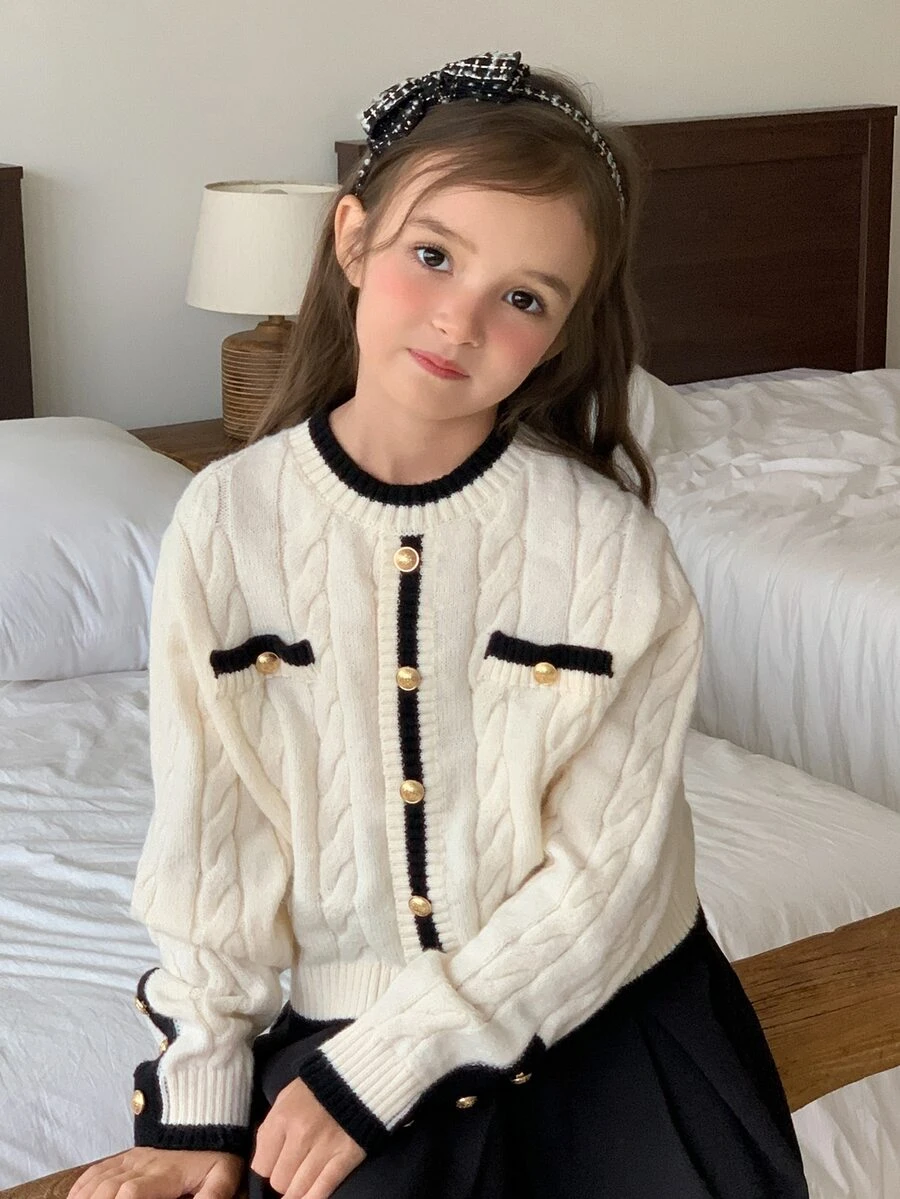 DAZY Tween Girl Round Neck Colorblock Long Sleeve Autumn/Winter Fashion Knit Cardigan - Apricot - View 1