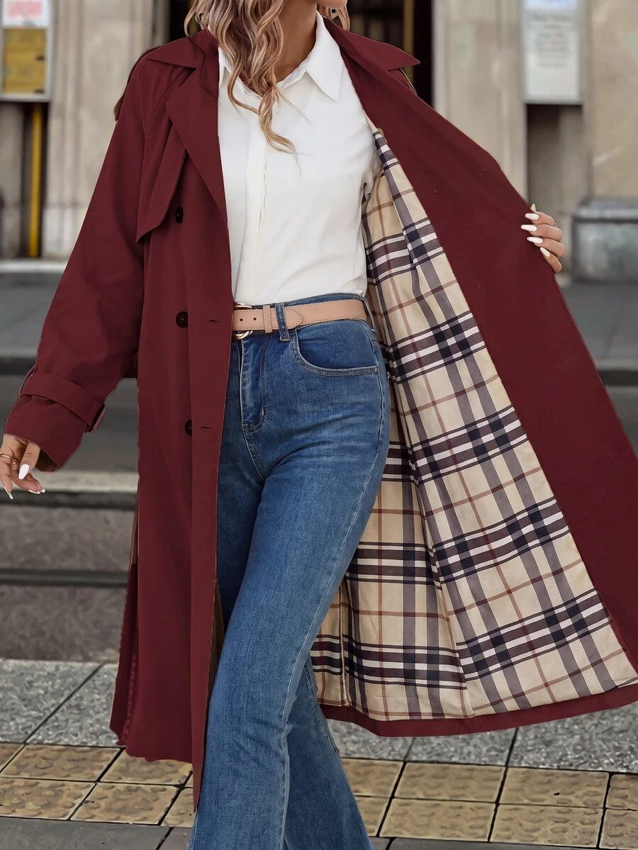 Editum Women's Long Sleeve Waterproof Plaid Lining Long Trench Coat - Burgundy - View 1