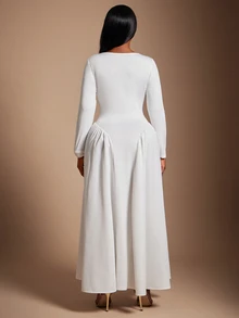 SHEIN SXY White High Elasticity Knitted Square Neck Long Sleeve Ruched Slim Fit Flared Dress Fall Cocktail Party Elegant Celestial - White - View 2