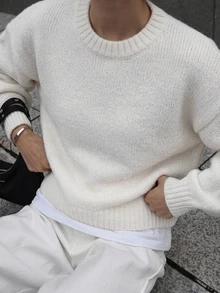 DAZY Women's Solid Color Round Neck Drop Shoulder Long Sleeve Casual Loose Sweater - White - View 7