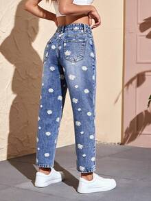 SHEIN PETITE 女款休閒日常牛仔褲，附口袋、鈕扣與花卉圖案 - 藍色 - 查看 2