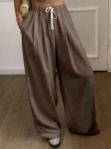 Livesso Petite Women's Solid Color Drawstring Waist Casual Daily Long Pants - Brown - View 3