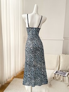 Moireta 成熟老錢風蕾絲拼接豹紋性感長款女式睡袍 - 水鴨藍 - 查看 4
