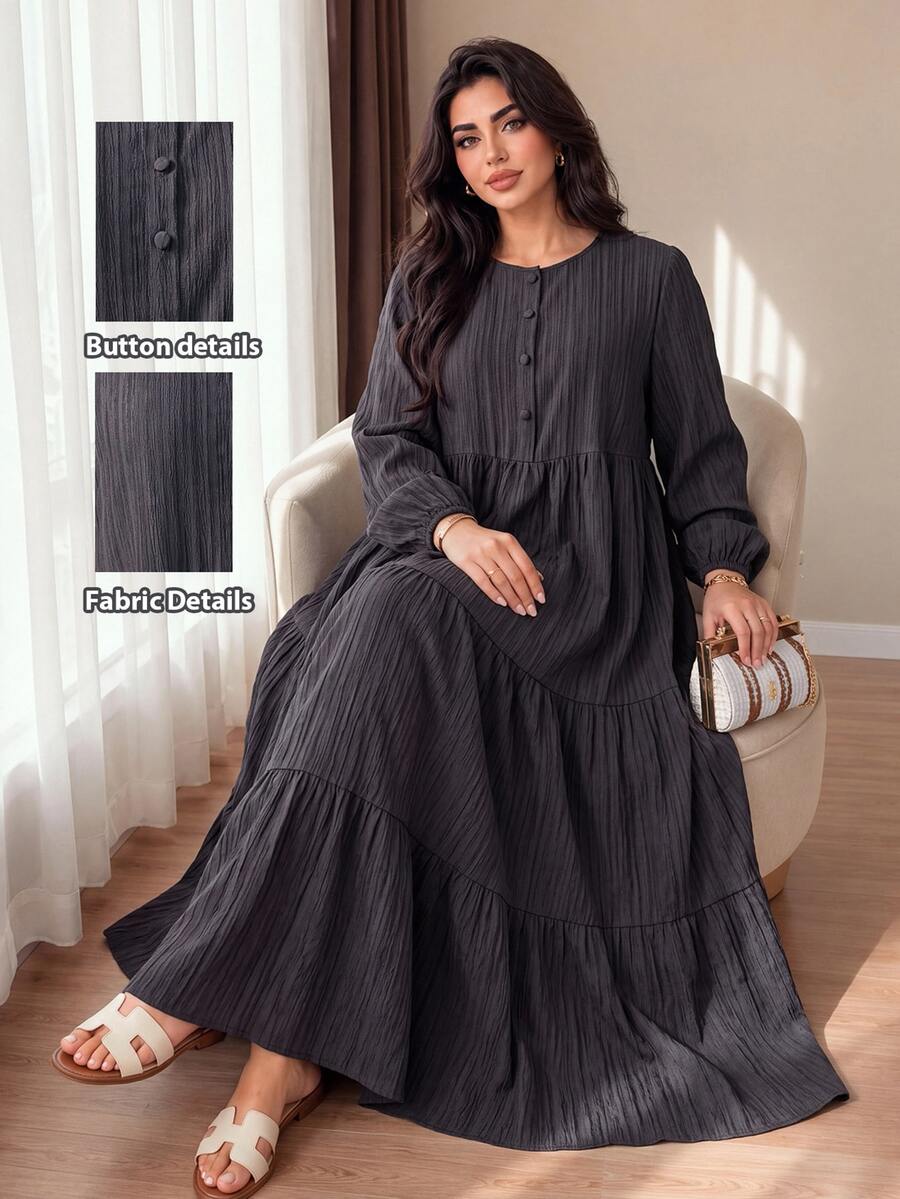 Al Najma Women's Elegant Minimalist Round Neck French Chic High-End Long Sleeve Plus Size Arabian Dress
