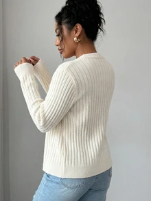 SHEIN 白色圓領蝴蝶結前綁帶開襟衫，秋冬款 - 白色 - 查看 3