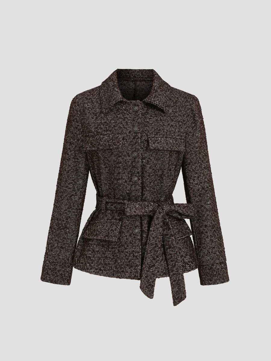 Sweetra Autumn/Winter Retro Mixed Color Herringbone Jacquard Waist-Cinching Overcoat, Classic Lapel Design, Metallic Texture Buttons, 3D Patch Pockets, Elegant And Sharp Vintage Vibe, Fashionable Versatile For Daily Commute And Weekend Outings - Brown - View 1