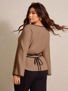 Elaquor 大尺碼女款對比色休閒日常長袖襯衫 秋季 - 卡其色 - 查看 2