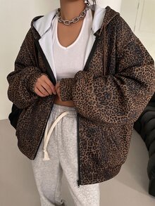 DAZY Plus Size Women's Leopard Print Casual Versatile Daily Wear Hooded Sweatshirt - Multicolor - View 5