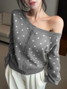 DAZY Women's Korean Style Jacquard Single-Breasted Asymmetrical Shoulder Knit Cardigan - Grey - View 1