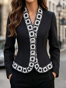 SHEIN Women's French Style Contrast Color Lace Trim V Neck Waist-Cinching Fitted Long Sleeve Jacket - Black - View 3