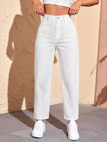SHEIN PETITE Women's Casual Daily Denim Long Pants With Pockets And Buttons - White - View 2