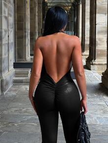 SHEIN SXY 女款掛脖V領性感修身拉鍊連身褲 - 黑色 - 查看 7