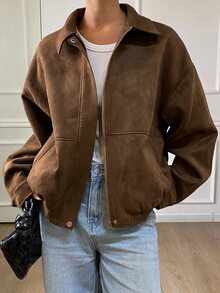 DAZY Women's Solid Color Lapel Dropped Shoulder Sleeve Zipper Jacket, Autumn/Winter - Brown - View 1