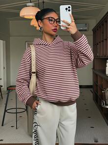 Muchica Plus Size Women's Striped Casual Daily Wear Hooded Sweatshirt - Multicolor - View 5