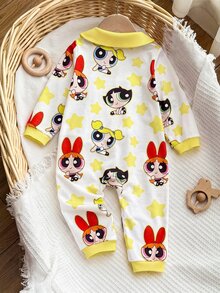 THE POWERPUFF GIRLS X SHEIN 女嬰卡通印花彼得潘領長袖連身衣 - 黃色 - 查看 2