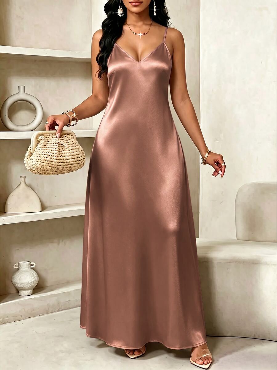 SHEIN Lady Plus Size Women Elegant Solid Color V-Neck Dress - Mocha Brown - View 1