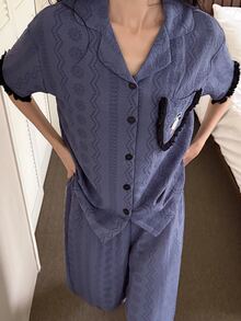 DAZY Fog Blue Women's Summer Pajama Set, 2-Piece Set With Tassel Trim, Pocket, Penguin Print, Lapel Collar, Short Sleeve Cardigan And Long Pants - Blue - View 4